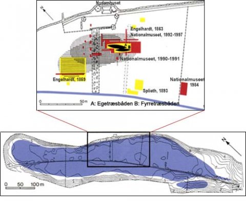 Et kort over udgravningfelterne, der viser hvor bådene blev fundet