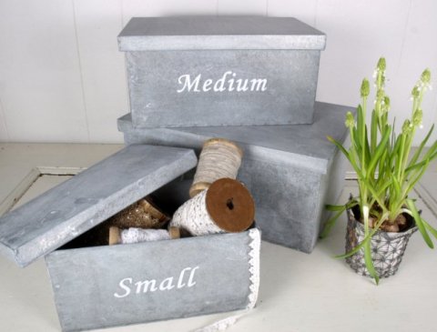Zink box w. lid, set w. 3 25x35x16 + 20x30x14 + 15x25x12 cm