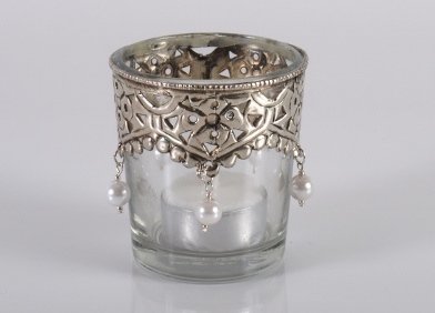 Teelichthalter m.metal und perlen, 7,5x7 cm