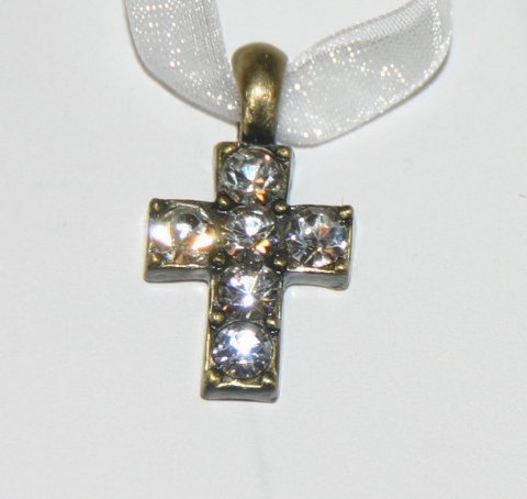 Cross w. beads, golden, w. chiffon ribbon