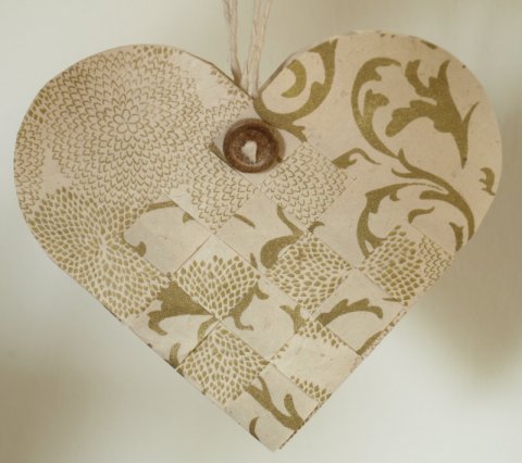 Flettet hjerte natur/guld/Paper heart, nature/gold/Papier Herz, Natur/Gold