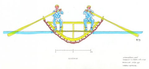 Tværsnit i Nydambåden efter Nationalmuseets rekonstruktion, 2000, skitse af Morten Gøthche, Vikingeskibsmuseet 2003.