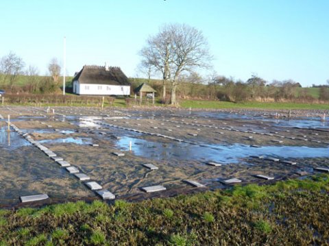 Kulturarvstyrelsens udlagte fiberdug til bek&aelig;mpelse padderok for bevarelsen af oldsager af tr&aelig;, jan 2009, foto Nydamselskabet.