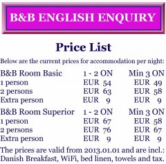 Pricelist update for 2013 on Bed and Breakfast in Copenhagen