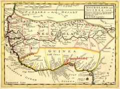 Kort over "Negroland and Guinea with European Settlements, Explaining what belongs to England, Holland, Denmark & c. By H. Moll Geographer".