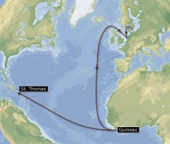 Dansk Vestindisk-Guinesisk Kompagnis sejlrute fra Danmark via Holland til Guinea i Afrika med varer og derfra til St. Thomas lastet med slaver.