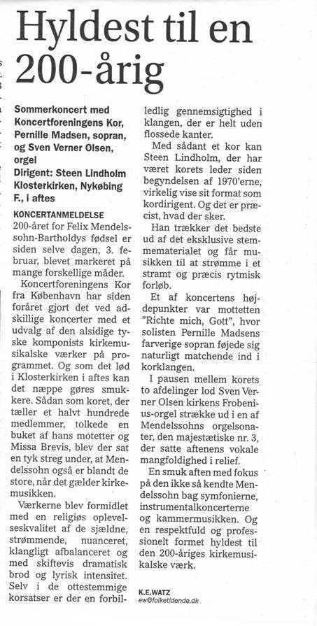 Anmeldelse af Mendelsson-koncert i Nykøbing F. Klosterkirke
